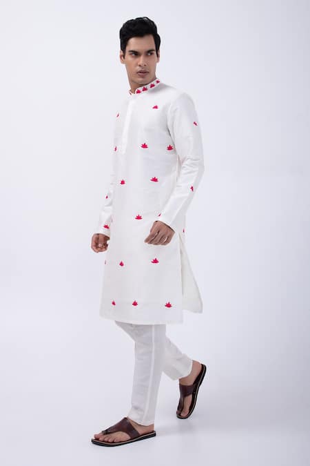 Buy Kaka Calcutta Ivory Bamboo, Cotton, Silk Embroidery Lotus Kurta With Pyjama Online at Aza Fashions Buy_Kaka Calcutta_Ivory Bamboo, Cotton, Silk Embroidery Lotus Kurta With Pyjama _Online_at_Aza_Fashions