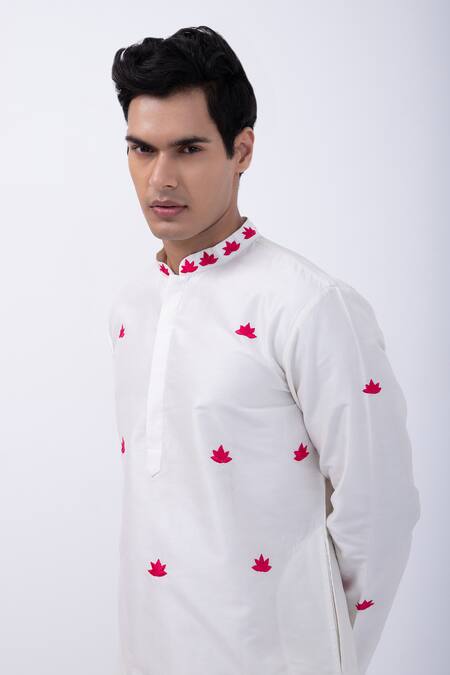 Shop Kaka Calcutta Ivory Bamboo, Cotton, Silk Embroidery Lotus Kurta With Pyjama Online at Aza Fashions Shop_Kaka Calcutta_Ivory Bamboo, Cotton, Silk Embroidery Lotus Kurta With Pyjama _Online_at_Aza_Fashions