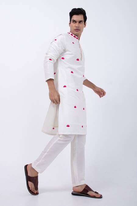 Kaka Calcutta Ivory Bamboo, Cotton, Silk Embroidery Lotus Kurta With Pyjama at Aza Fashions Kaka Calcutta_Ivory Bamboo, Cotton, Silk Embroidery Lotus Kurta With Pyjama _at_Aza_Fashions
