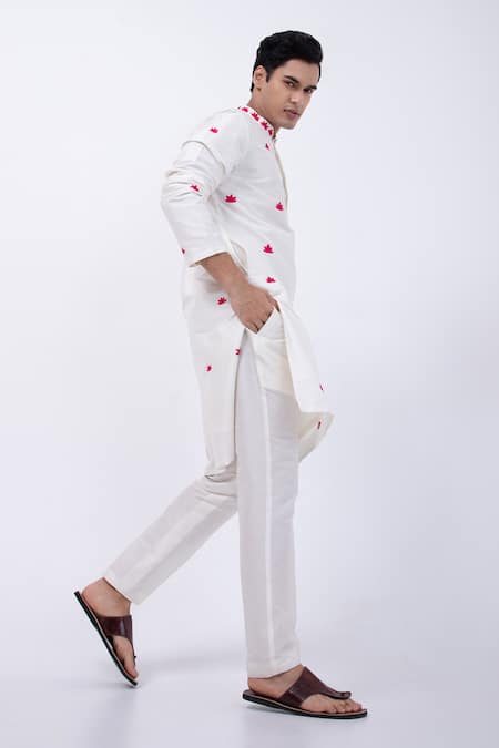 Buy Kaka Calcutta Ivory Bamboo, Cotton, Silk Embroidery Lotus Kurta With Pyjama Buy_Kaka Calcutta_Ivory Bamboo, Cotton, Silk Embroidery Lotus Kurta With Pyjama