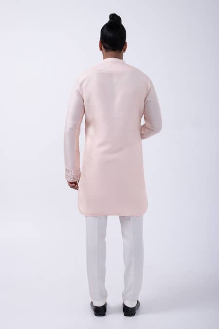 Shop_Kaka Calcutta_Peach Bamboo, Cotton, Silk Mirrors Embellished Placket Kurta With Pyjama _at_Aza_Fashions