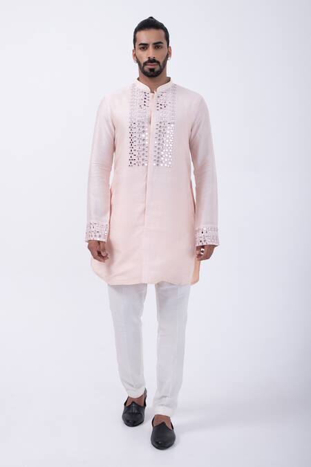 Buy_Kaka Calcutta_Peach Bamboo, Cotton, Silk Mirrors Embellished Placket Kurta With Pyjama _Online_at_Aza_Fashions