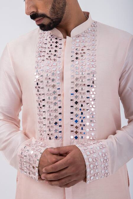 Shop_Kaka Calcutta_Peach Bamboo, Cotton, Silk Mirrors Embellished Placket Kurta With Pyjama _Online_at_Aza_Fashions
