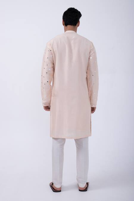 Shop Kaka Calcutta Peach Bamboo, Cotton, Silk Mirrors Embellished Kurta With Pyjama at Aza Fashions Shop_Kaka Calcutta_Peach Bamboo, Cotton, Silk Mirrors Embellished Kurta With Pyjama _at_Aza_Fashions