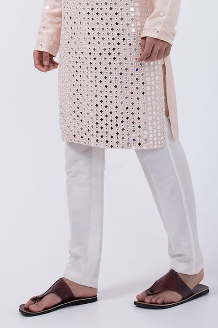Kaka Calcutta Peach Bamboo, Cotton, Silk Mirrors Embellished Kurta With Pyjama Online at Aza Fashions Kaka Calcutta_Peach Bamboo, Cotton, Silk Mirrors Embellished Kurta With Pyjama _Online_at_Aza_Fashions