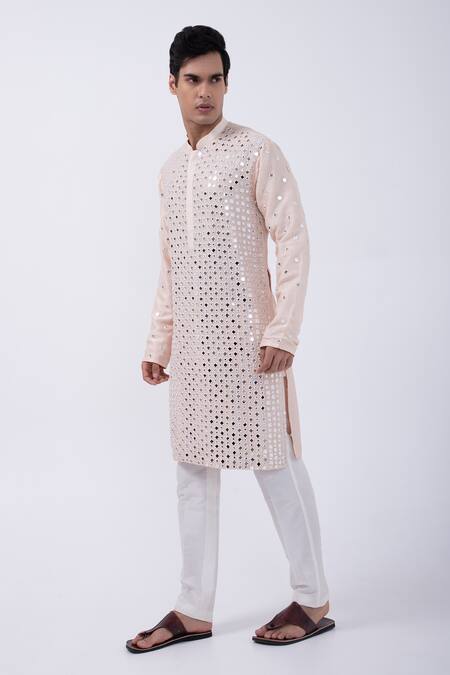 Buy Kaka Calcutta Peach Bamboo, Cotton, Silk Mirrors Embellished Kurta With Pyjama Online at Aza Fashions Buy_Kaka Calcutta_Peach Bamboo, Cotton, Silk Mirrors Embellished Kurta With Pyjama _Online_at_Aza_Fashions
