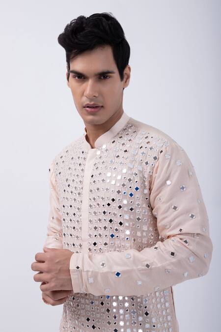 Shop Kaka Calcutta Peach Bamboo, Cotton, Silk Mirrors Embellished Kurta With Pyjama Online at Aza Fashions Shop_Kaka Calcutta_Peach Bamboo, Cotton, Silk Mirrors Embellished Kurta With Pyjama _Online_at_Aza_Fashions