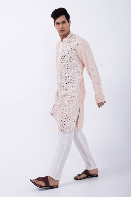 Kaka Calcutta Peach Bamboo, Cotton, Silk Mirrors Embellished Kurta With Pyjama at Aza Fashions Kaka Calcutta_Peach Bamboo, Cotton, Silk Mirrors Embellished Kurta With Pyjama _at_Aza_Fashions