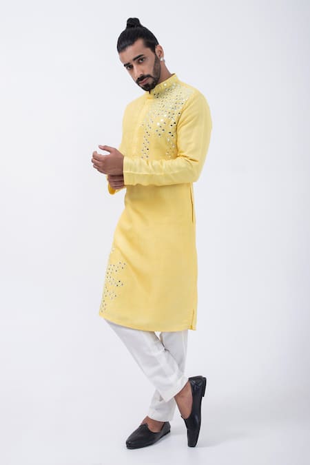 Buy Kaka Calcutta Yellow Bamboo, Cotton, Silk Mirrors Placement Kurta With Pyjama Online at Aza Fashions Buy_Kaka Calcutta_Yellow Bamboo, Cotton, Silk Mirrors Placement Kurta With Pyjama _Online_at_Aza_Fashions