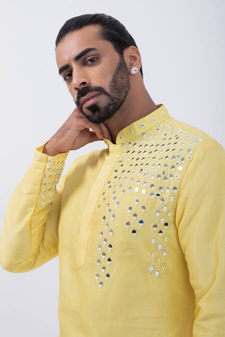 Shop Kaka Calcutta Yellow Bamboo, Cotton, Silk Mirrors Placement Kurta With Pyjama Online at Aza Fashions Shop_Kaka Calcutta_Yellow Bamboo, Cotton, Silk Mirrors Placement Kurta With Pyjama _Online_at_Aza_Fashions