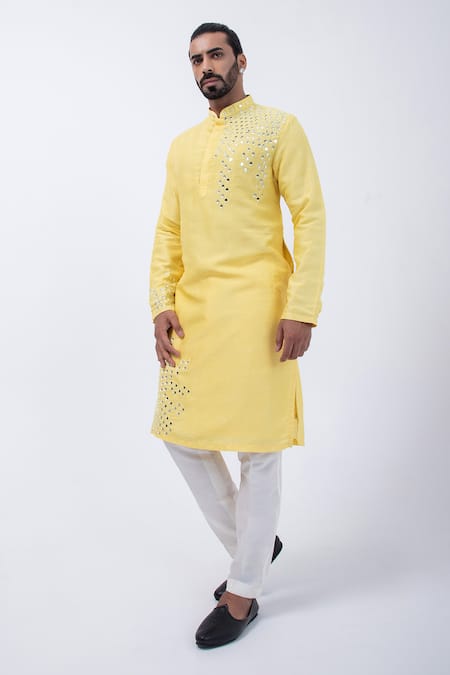 Kaka Calcutta Yellow Bamboo, Cotton, Silk Mirrors Placement Kurta With Pyjama at Aza Fashions Kaka Calcutta_Yellow Bamboo, Cotton, Silk Mirrors Placement Kurta With Pyjama _at_Aza_Fashions