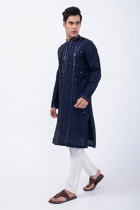 Buy Kaka Calcutta Blue Bamboo, Cotton, Silk Mirrors Pattern Kurta With Pyjama Online at Aza Fashions Buy_Kaka Calcutta_Blue Bamboo, Cotton, Silk Mirrors Pattern Kurta With Pyjama _Online_at_Aza_Fashions