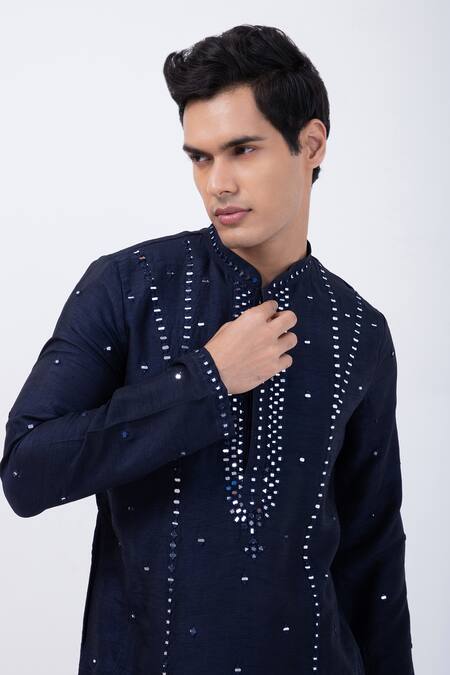 Shop Kaka Calcutta Blue Bamboo, Cotton, Silk Mirrors Pattern Kurta With Pyjama Online at Aza Fashions Shop_Kaka Calcutta_Blue Bamboo, Cotton, Silk Mirrors Pattern Kurta With Pyjama _Online_at_Aza_Fashions