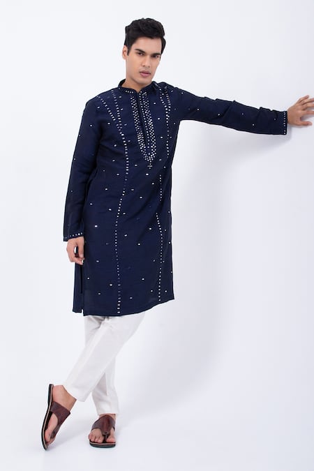 Kaka Calcutta Blue Bamboo, Cotton, Silk Mirrors Pattern Kurta With Pyjama at Aza Fashions Kaka Calcutta_Blue Bamboo, Cotton, Silk Mirrors Pattern Kurta With Pyjama _at_Aza_Fashions