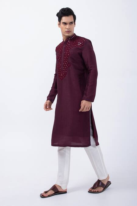 Buy Kaka Calcutta Wine Bamboo, Cotton, Silk Mirrors, Embroidery Threadwork Kurta With Pyjama Online at Aza Fashions Buy_Kaka Calcutta_Wine Bamboo, Cotton, Silk Mirrors, Embroidery Threadwork Kurta With Pyjama _Online_at_Aza_Fashions