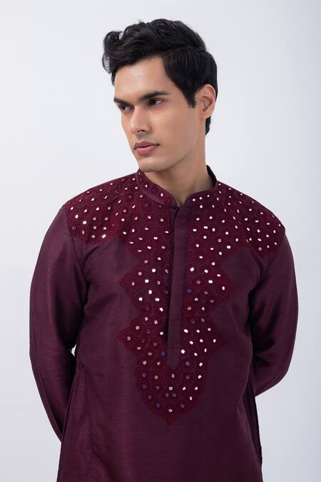 Shop Kaka Calcutta Wine Bamboo, Cotton, Silk Mirrors, Embroidery Threadwork Kurta With Pyjama Online at Aza Fashions Shop_Kaka Calcutta_Wine Bamboo, Cotton, Silk Mirrors, Embroidery Threadwork Kurta With Pyjama _Online_at_Aza_Fashions