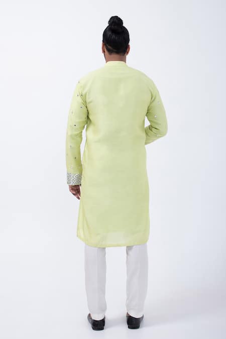 Shop Kaka Calcutta Yellow Bamboo, Cotton, Silk Mirrors Floral Kurta With Pyjama at Aza Fashions Shop_Kaka Calcutta_Yellow Bamboo, Cotton, Silk Mirrors Floral Kurta With Pyjama _at_Aza_Fashions