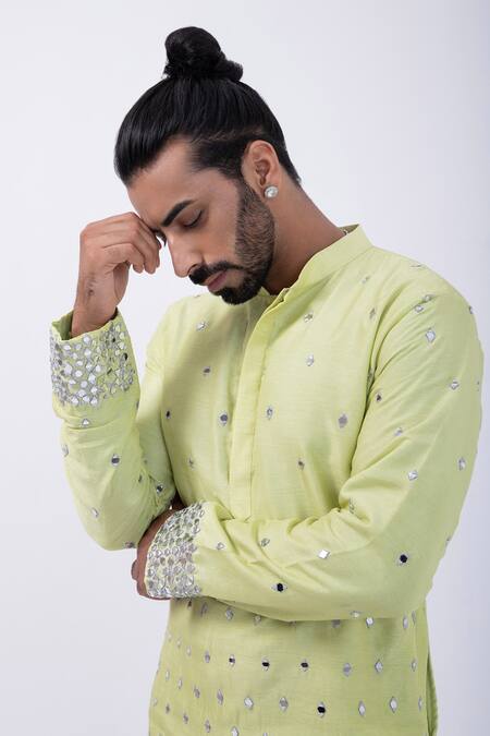 Shop Kaka Calcutta Yellow Bamboo, Cotton, Silk Mirrors Floral Kurta With Pyjama Online at Aza Fashions Shop_Kaka Calcutta_Yellow Bamboo, Cotton, Silk Mirrors Floral Kurta With Pyjama _Online_at_Aza_Fashions