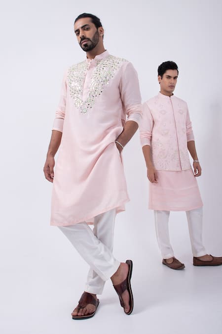Kaka Calcutta_Pink Bamboo, Cotton, Silk Embroidery, Mirrors Swirl Threadwork Kurta With Pyjama _Online_at_Aza_Fashions