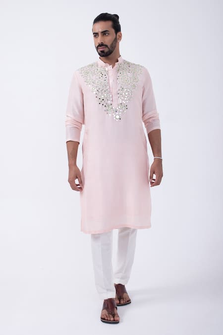 Buy_Kaka Calcutta_Pink Bamboo, Cotton, Silk Embroidery, Mirrors Swirl Threadwork Kurta With Pyjama _Online_at_Aza_Fashions