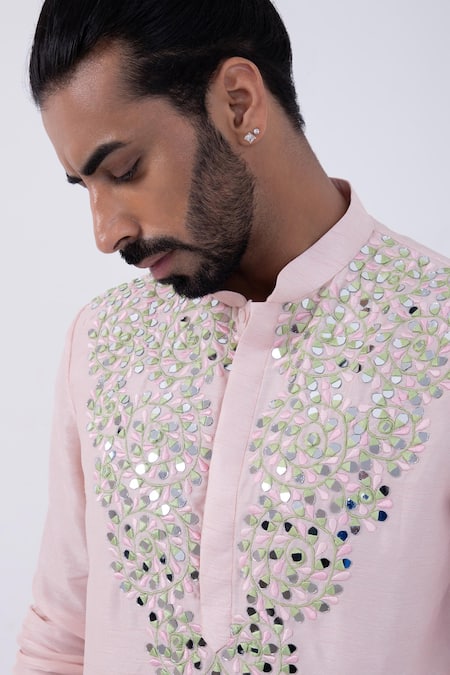 Kaka Calcutta_Pink Bamboo, Cotton, Silk Embroidery, Mirrors Swirl Threadwork Kurta With Pyjama _at_Aza_Fashions