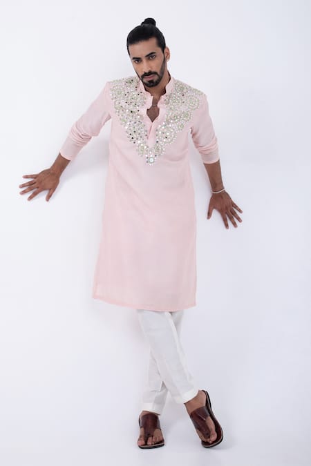 Buy_Kaka Calcutta_Pink Bamboo, Cotton, Silk Embroidery, Mirrors Swirl Threadwork Kurta With Pyjama 