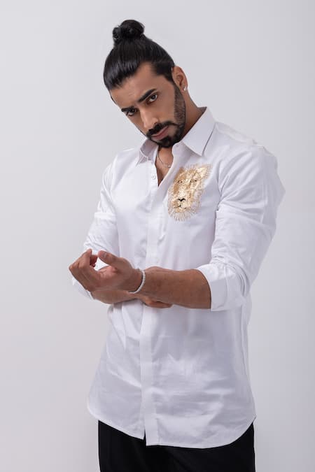 Buy Kaka Calcutta White Gingham Embroidery Lion Threadwork Shirt Online at Aza Fashions Buy_Kaka Calcutta_White Gingham Embroidery Lion Threadwork Shirt _Online_at_Aza_Fashions