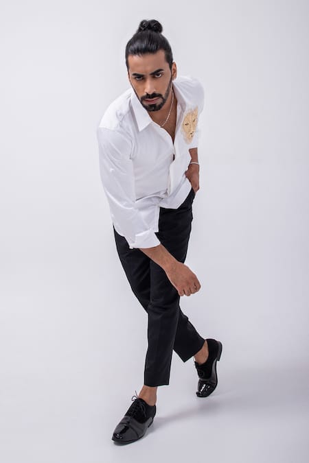 Kaka Calcutta White Gingham Embroidery Lion Threadwork Shirt at Aza Fashions Kaka Calcutta_White Gingham Embroidery Lion Threadwork Shirt _at_Aza_Fashions