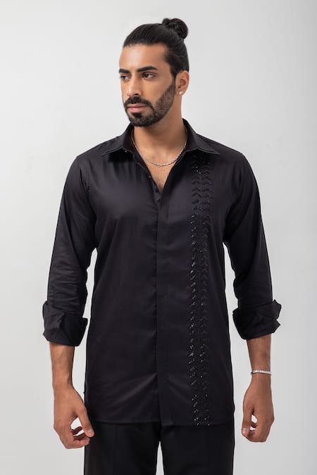 KAKA CALCUTTA Black Giza Cotton Embellished Bead Geometric Shirt 