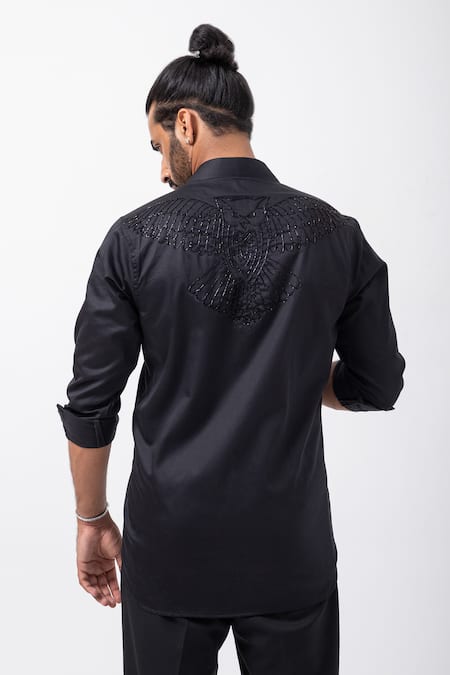 Shop Kaka Calcutta Black Gabardine Beads Embellished Placement Shirt at Aza Fashions Shop_Kaka Calcutta_Black Gabardine Beads Embellished Placement Shirt _at_Aza_Fashions