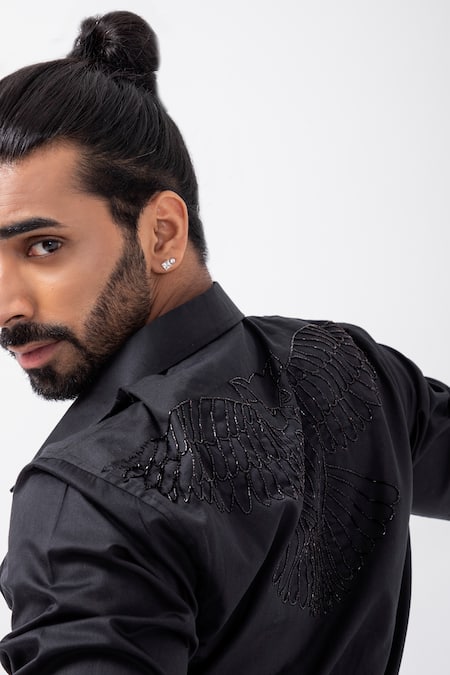 Kaka Calcutta Black Gabardine Beads Embellished Placement Shirt Online at Aza Fashions Kaka Calcutta_Black Gabardine Beads Embellished Placement Shirt _Online_at_Aza_Fashions