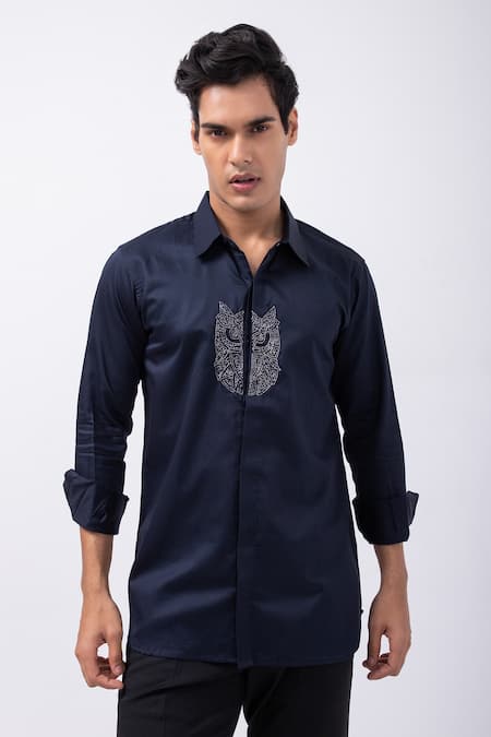 KAKA CALCUTTA Black Giza Cotton Embellished Bead Owl Shirt 