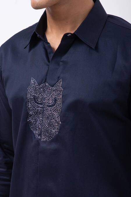 Kaka Calcutta Black Gingham Beads Owl Embellished Shirt Online at Aza Fashions Kaka Calcutta_Black Gingham Beads Owl Embellished Shirt _Online_at_Aza_Fashions