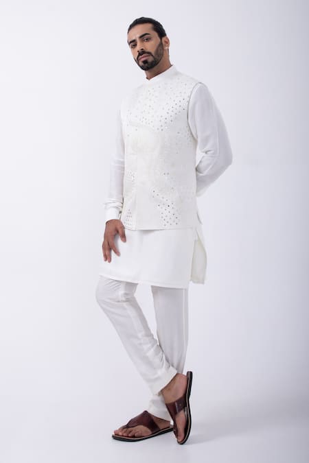 Buy Kaka Calcutta Ivory Bamboo, Silk, Cotton Mirrors, Embroidery Bundi Jacket And Kurta Set Online at Aza Fashions Buy_Kaka Calcutta_Ivory Bamboo, Silk, Cotton Mirrors, Embroidery Bundi Jacket And Kurta Set _Online_at_Aza_Fashions
