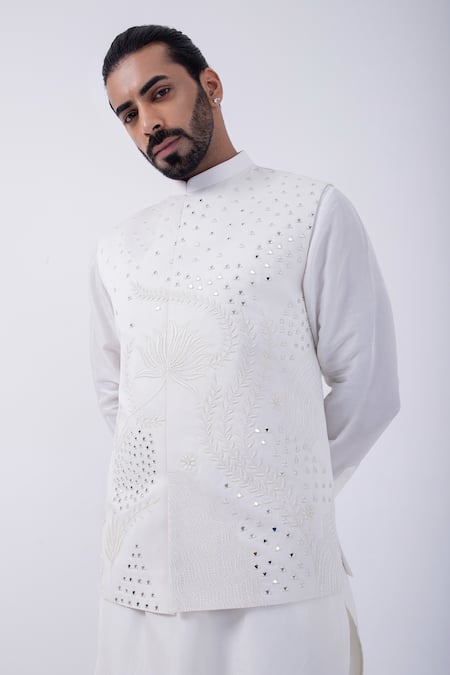 Shop Kaka Calcutta Ivory Bamboo, Silk, Cotton Mirrors, Embroidery Bundi Jacket And Kurta Set Online at Aza Fashions Shop_Kaka Calcutta_Ivory Bamboo, Silk, Cotton Mirrors, Embroidery Bundi Jacket And Kurta Set _Online_at_Aza_Fashions