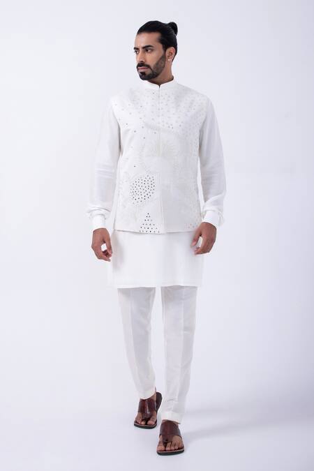 Kaka Calcutta Ivory Cotton Mirrors, Embroidery Bundi Jacket Online at Aza Fashions Kaka Calcutta_Ivory Cotton Mirrors, Embroidery Bundi Jacket _Online_at_Aza_Fashions