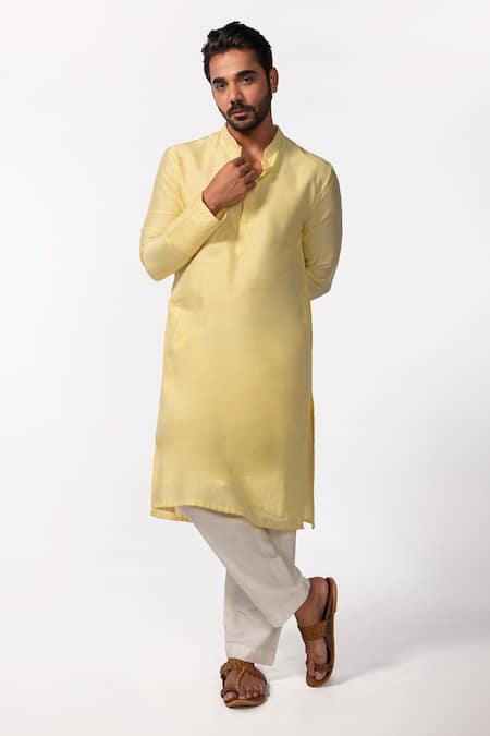 KAKA CALCUTTA Yellow Kurta Bam Silk Embroidered Thread Collar And Pyjama Set 