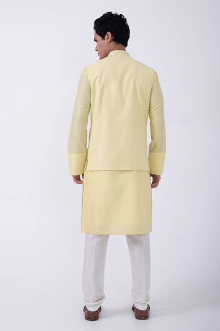 Shop_Kaka Calcutta_Yellow Bamboo, Cotton, Silk Embroidery, Cut Work Cutdana Kurta Set With Jacket _at_Aza_Fashions