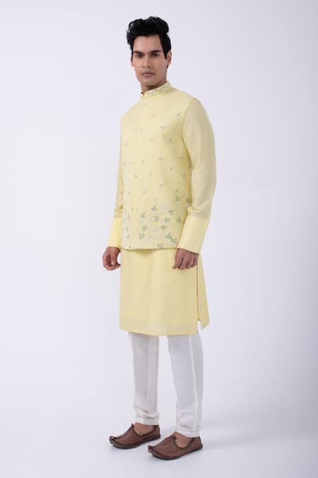 Buy_Kaka Calcutta_Yellow Bamboo, Cotton, Silk Embroidery, Cut Work Cutdana Kurta Set With Jacket _Online_at_Aza_Fashions