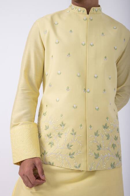 Kaka Calcutta Yellow Cotton Cut Work, Embroidery Cutdana Bundi Jacket Online at Aza Fashions Kaka Calcutta_Yellow Cotton Cut Work, Embroidery Cutdana Bundi Jacket _Online_at_Aza_Fashions
