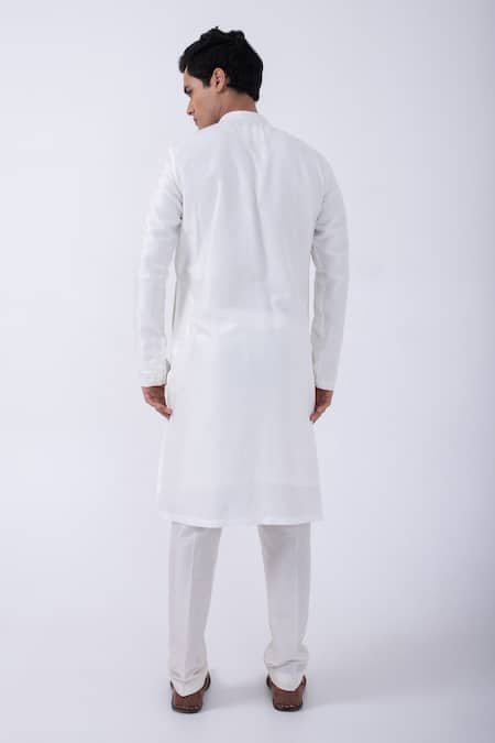Shop Kaka Calcutta Ivory Bamboo, Cotton, Silk Cut Work Collar Kurta And Pyjama Set at Aza Fashions Shop_Kaka Calcutta_Ivory Bamboo, Cotton, Silk Cut Work Collar Kurta And Pyjama Set _at_Aza_Fashions