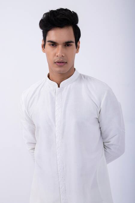 Shop Kaka Calcutta Ivory Bamboo, Cotton, Silk Cut Work Collar Kurta And Pyjama Set Online at Aza Fashions Shop_Kaka Calcutta_Ivory Bamboo, Cotton, Silk Cut Work Collar Kurta And Pyjama Set _Online_at_Aza_Fashions