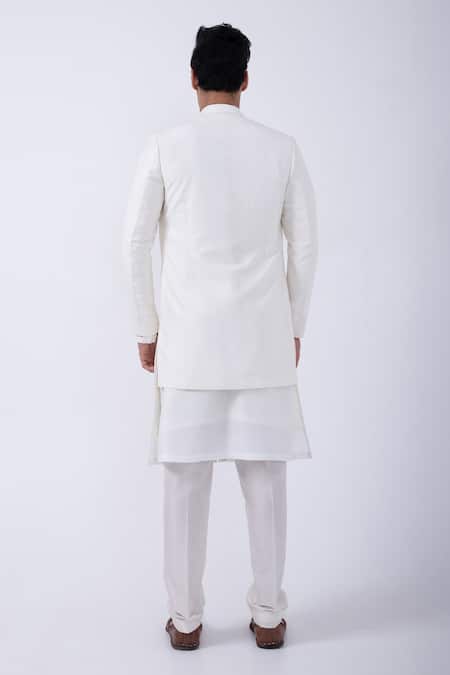 Shop Kaka Calcutta Ivory Bamboo, Cotton, Silk, Satin Cut Work, Embroidery Jacket And Kurta Set at Aza Fashions Shop_Kaka Calcutta_Ivory Bamboo, Cotton, Silk, Satin Cut Work, Embroidery Jacket And Kurta Set _at_Aza_Fashions