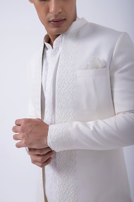 Shop Kaka Calcutta Ivory Bamboo, Cotton, Silk, Satin Cut Work, Embroidery Jacket And Kurta Set Online at Aza Fashions Shop_Kaka Calcutta_Ivory Bamboo, Cotton, Silk, Satin Cut Work, Embroidery Jacket And Kurta Set _Online_at_Aza_Fashions