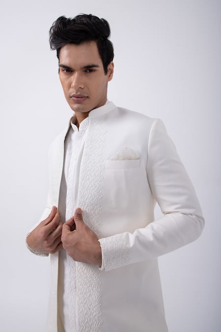 Kaka Calcutta Ivory Bamboo, Cotton, Silk, Satin Cut Work, Embroidery Jacket And Kurta Set at Aza Fashions Kaka Calcutta_Ivory Bamboo, Cotton, Silk, Satin Cut Work, Embroidery Jacket And Kurta Set _at_Aza_Fashions
