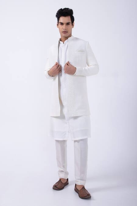 Kaka Calcutta_Ivory Suiting Embroidered Cutdana Jacket _Online_at_Aza_Fashions