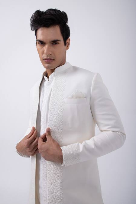 Kaka Calcutta_Ivory Suiting Embroidered Cutdana Jacket _at_Aza_Fashions