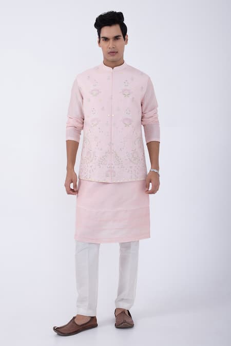Kaka Calcutta_Pink Cotton Mirrors, Embroidery Bundi Jacket _Online_at_Aza_Fashions