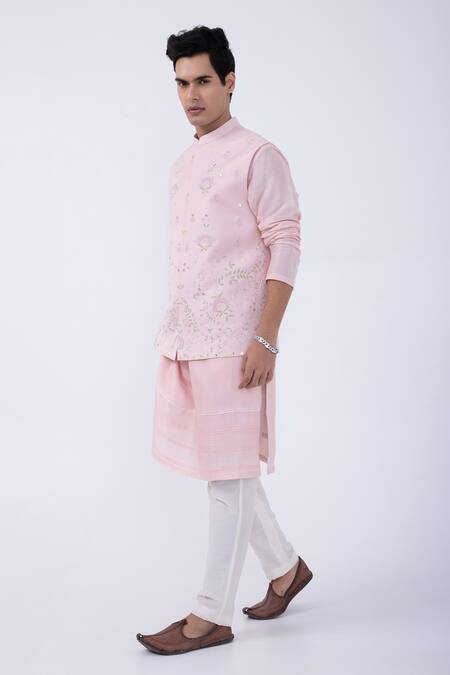 Buy_Kaka Calcutta_Pink Cotton Mirrors, Embroidery Bundi Jacket _Online_at_Aza_Fashions