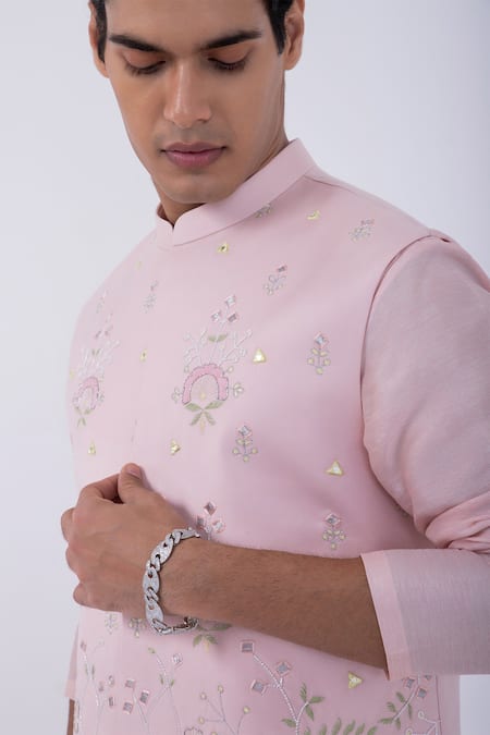 Shop_Kaka Calcutta_Pink Cotton Mirrors, Embroidery Bundi Jacket _Online_at_Aza_Fashions